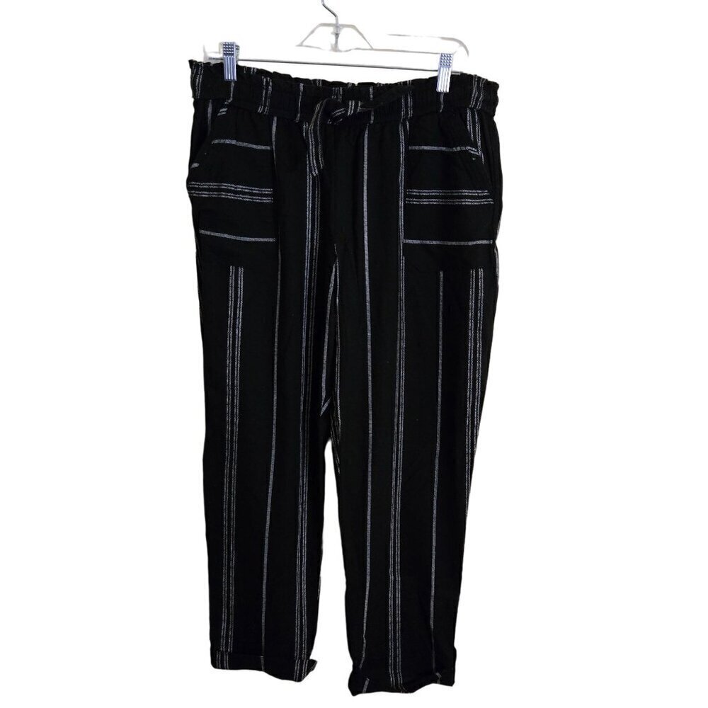Happily Grey Wide Leg Striped Cuffed Black Linen Pull On Pants Size XL